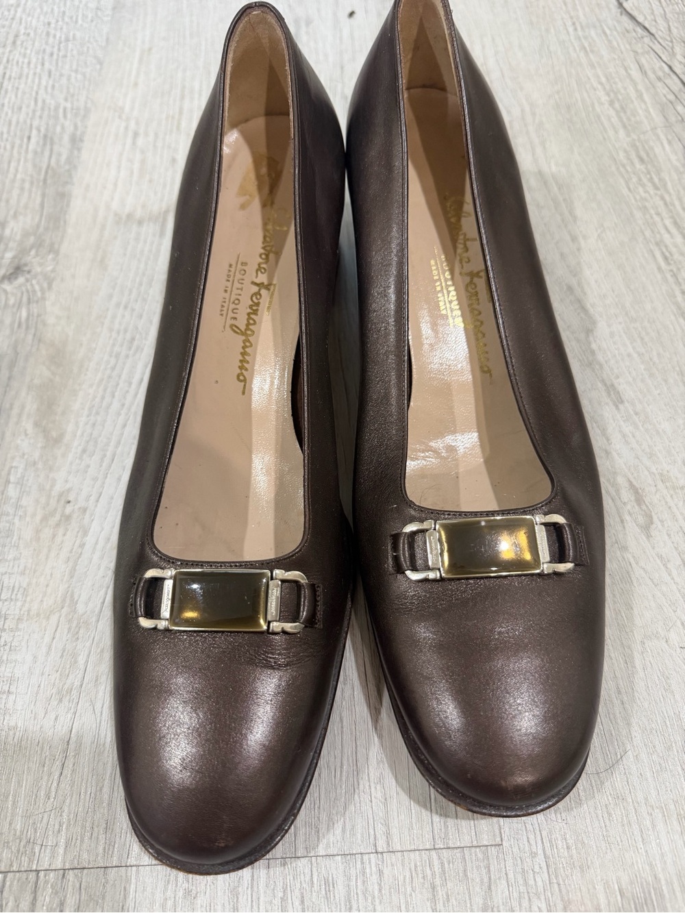 Salvatore Ferragamo metallic Brown Leather Low Heel Pumps with Gold Buckle